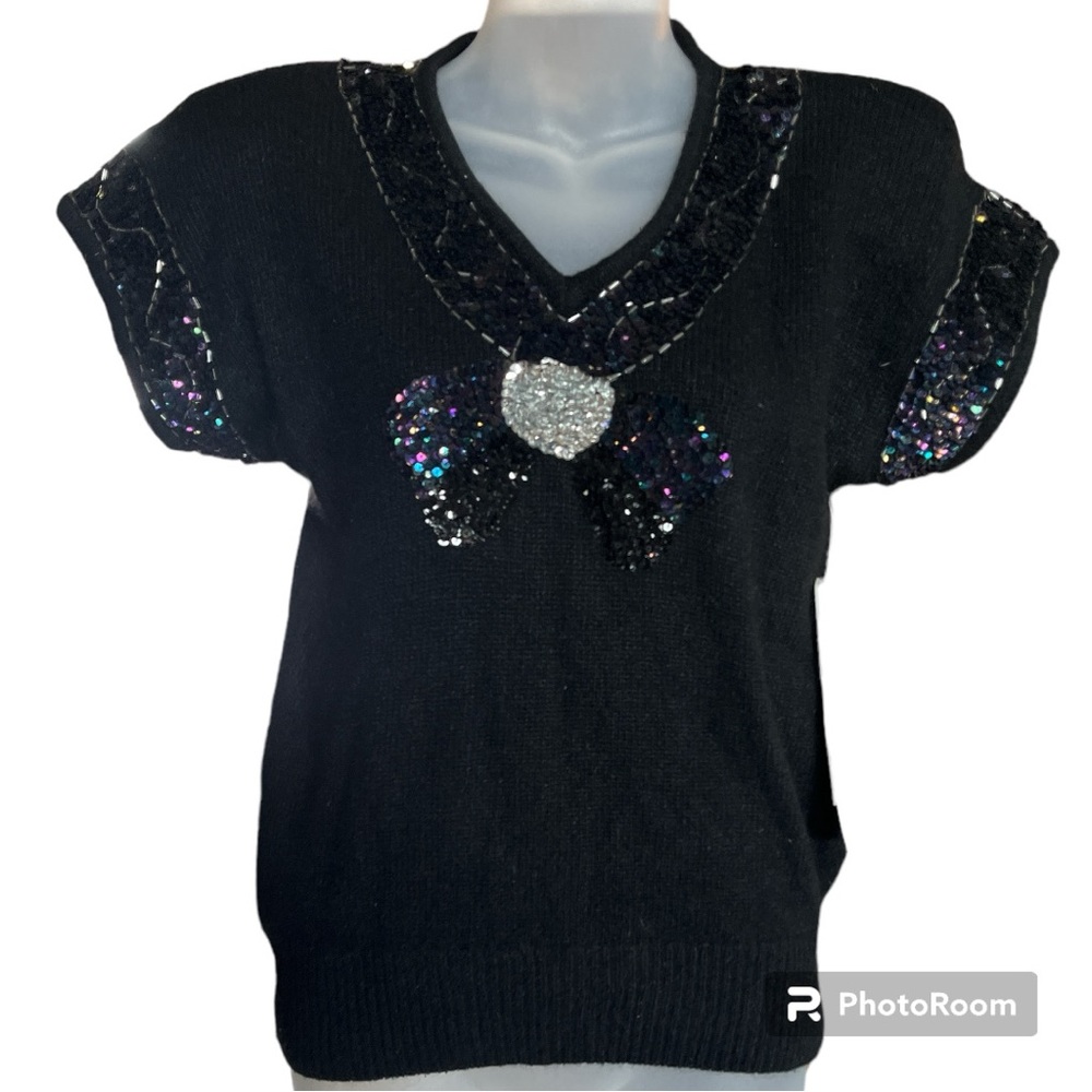 de Rotchild Women’s Vintage Black Silk and Angora Wool Sequined Sweater Sz Med